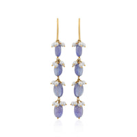 Elysia – Gold Long Drop Earrings with Blue Tanzanite & Pearls