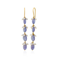 Elysia – Gold Long Drop Earrings with Blue Tanzanite & Pearls