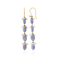 Elysia – Gold Long Drop Earrings with Blue Tanzanite & Pearls