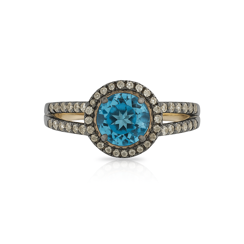 Swiss Blue Topaz Ring with CZ Accents in Sterling Silver