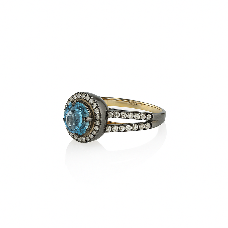 Swiss Blue Topaz Ring with CZ Accents in Sterling Silver