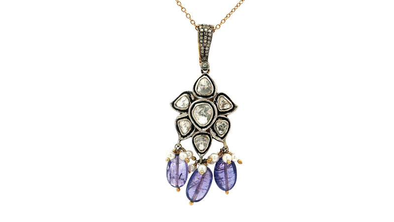 Polki Diamond & Tanzanite Drop Pendant with Pearl Accents