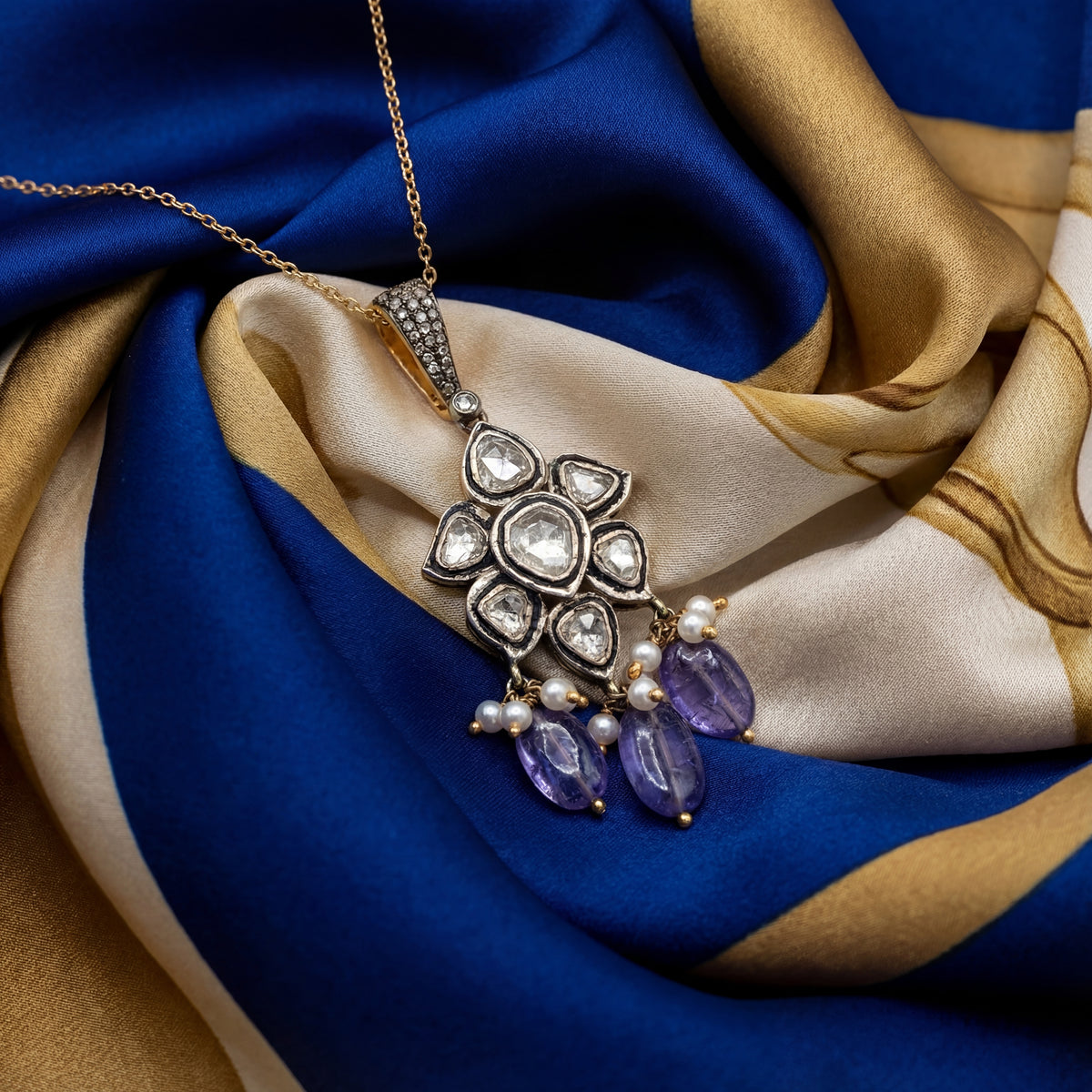 Polki Diamond & Tanzanite Drop Pendant with Pearl Accents