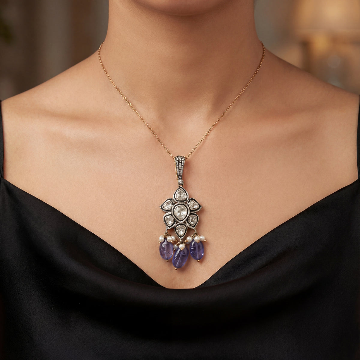 Polki Diamond & Tanzanite Drop Pendant with Pearl Accents