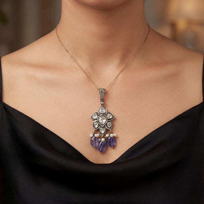 Polki Diamond & Tanzanite Drop Pendant with Pearl Accents