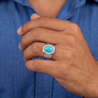 White Gold Plated Silver Signet Ring with Cabochon Turquoise