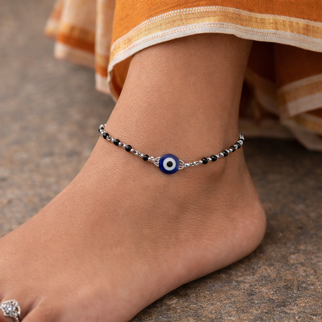 925 Silver Evil Eye Beaded Anklet for Women  Stylish Nazar Protection Anklet