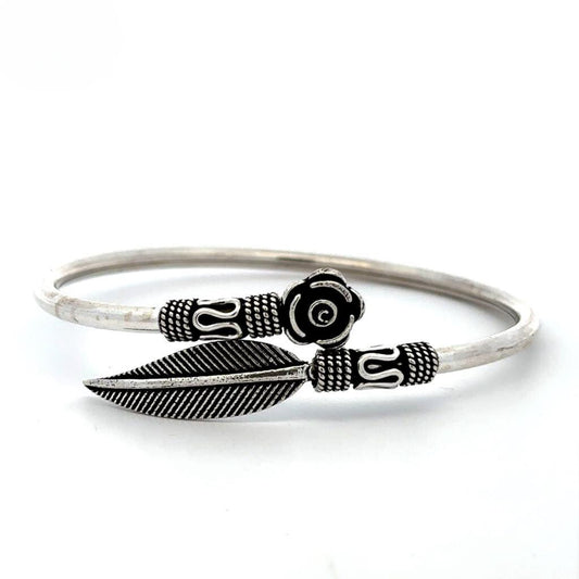 Flower and Feather Design Silver Bangle