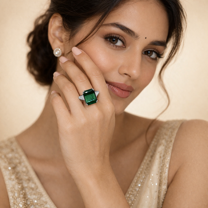 Silver Cocktail Ring with Octagon Green Tourmaline & Diamonds