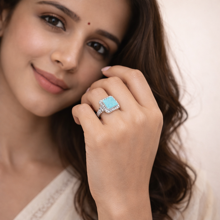 Pyramid Shaped Synthetic Turquoise Ring with CZ Accents in Sterling Silver