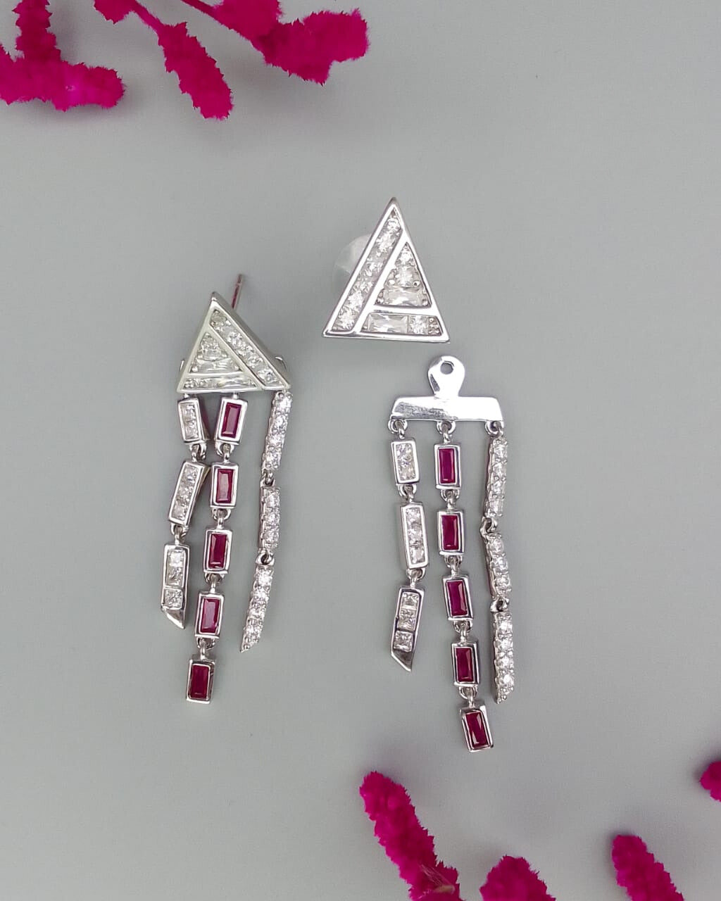 Silver Crystal Pink Chandelier Earrings