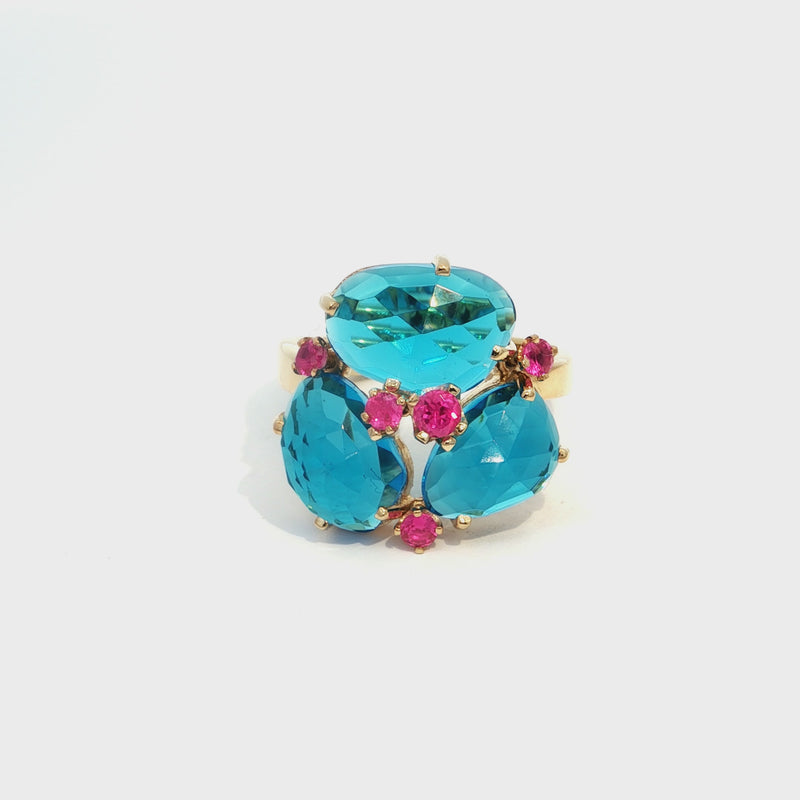 925 Sterling Silver Cocktail Ring with Rose Cut Synthetic Blue & Pink Topaz
