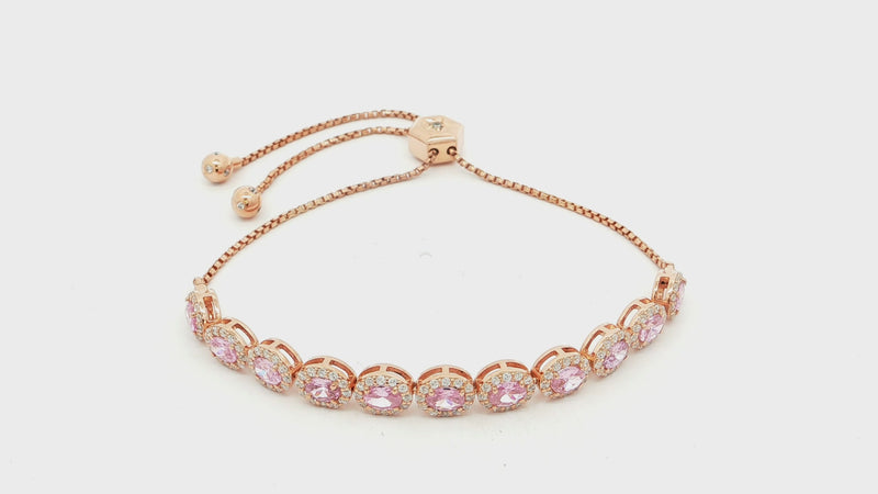 Rose Gold 925 Sterling Silver Tennis Bracelet with Vivid Pink Oval Cubic Zirconia