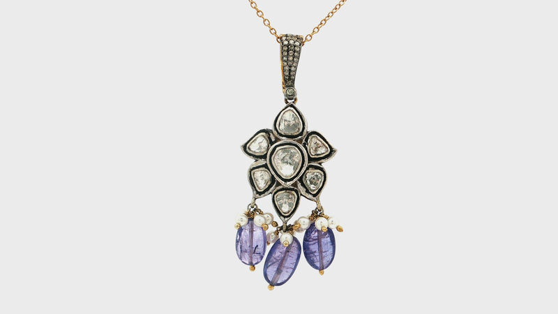 Polki Diamond & Tanzanite Drop Pendant with Pearl Accents