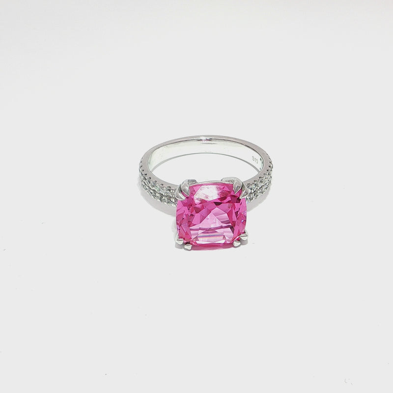 Cushion-Cut Synthetic Pink Topaz Ring with CZ Accents in Silver