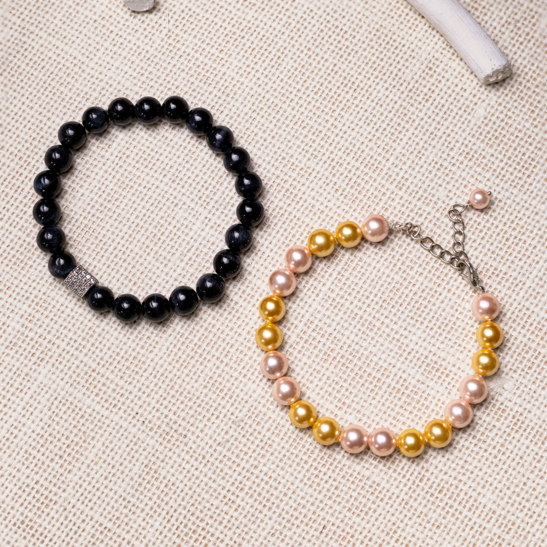 Black Onyx & Shell Pearl Bead Bracelets Combo