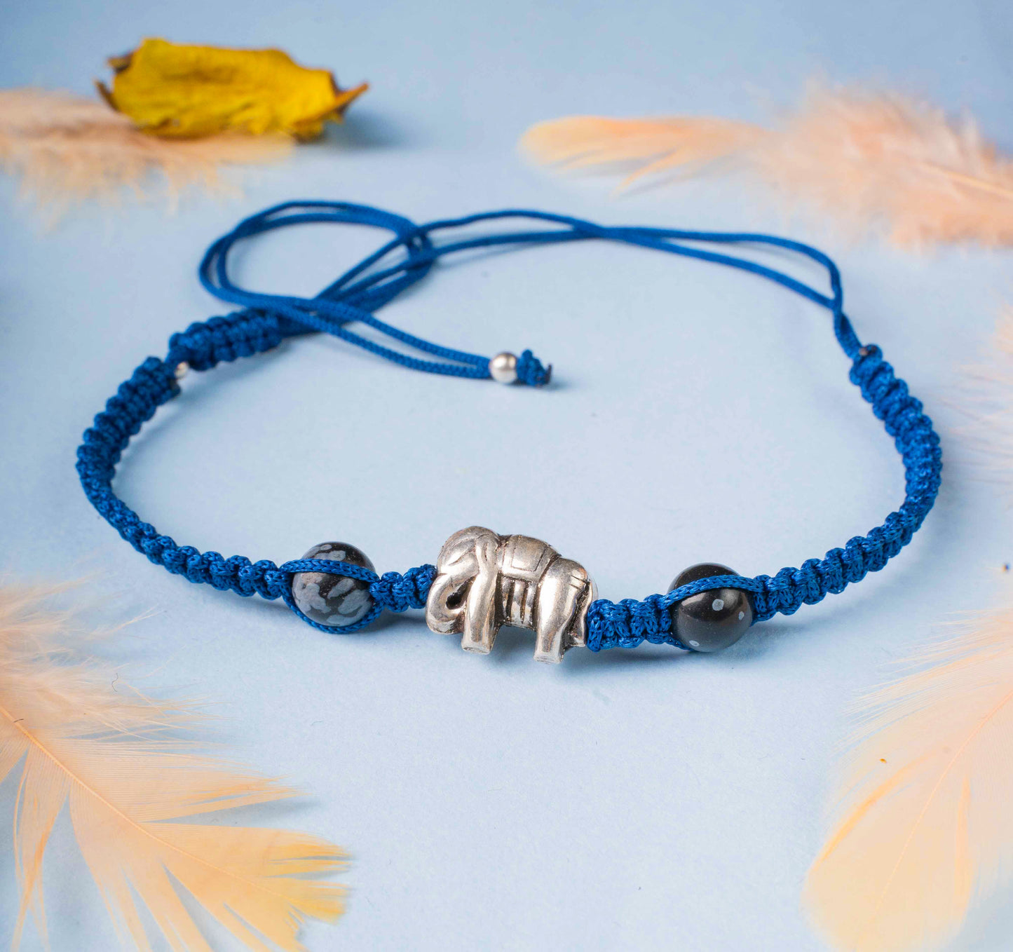 Hand Braided Black Bead Pure Silver Blue Bracelet 1