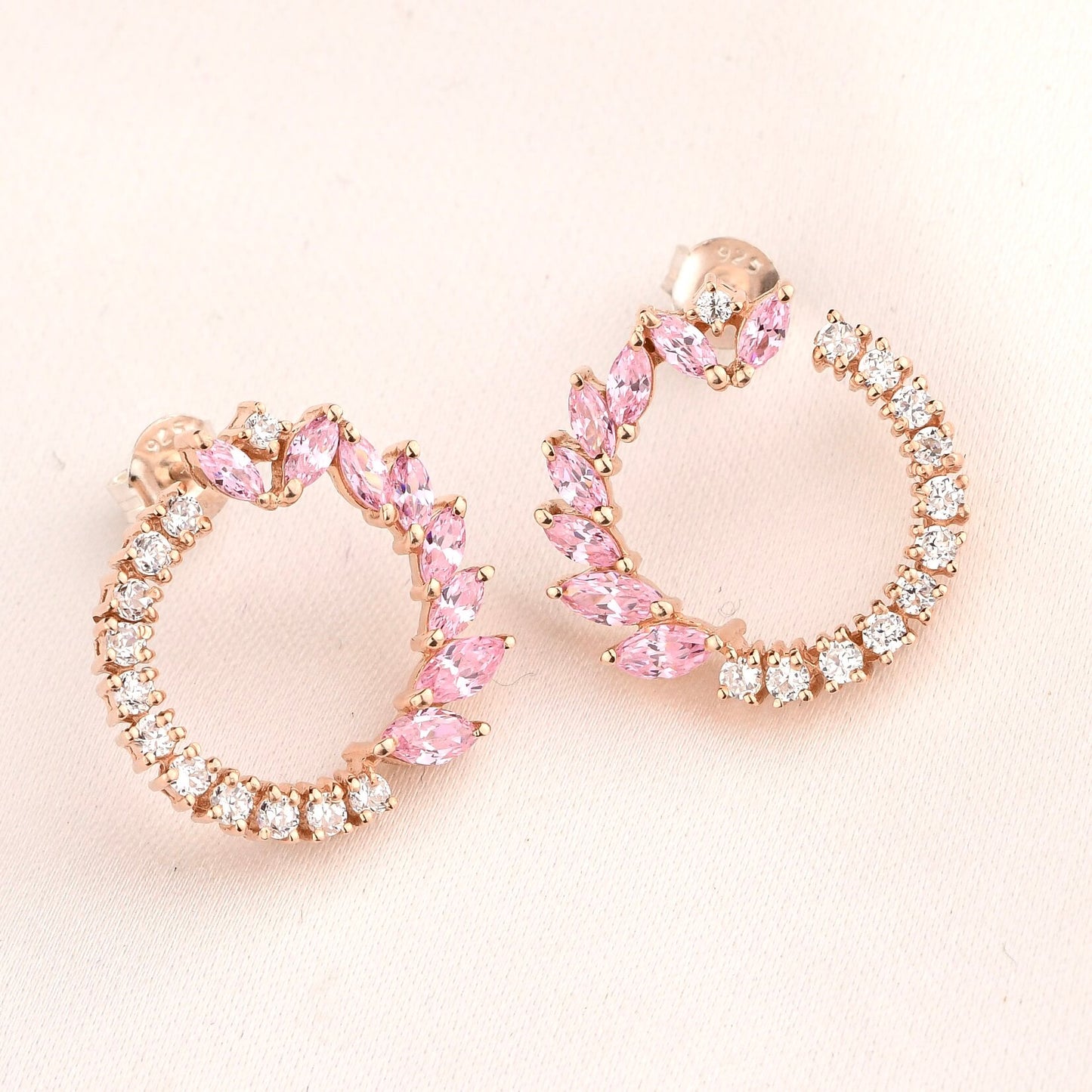 Silver Earrings Pink Stone Leaf Silver Earrings Image