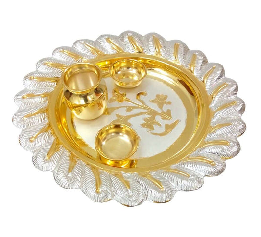 Silver Gift and Articles Handcrafted Pooja Thali with Gold Plated