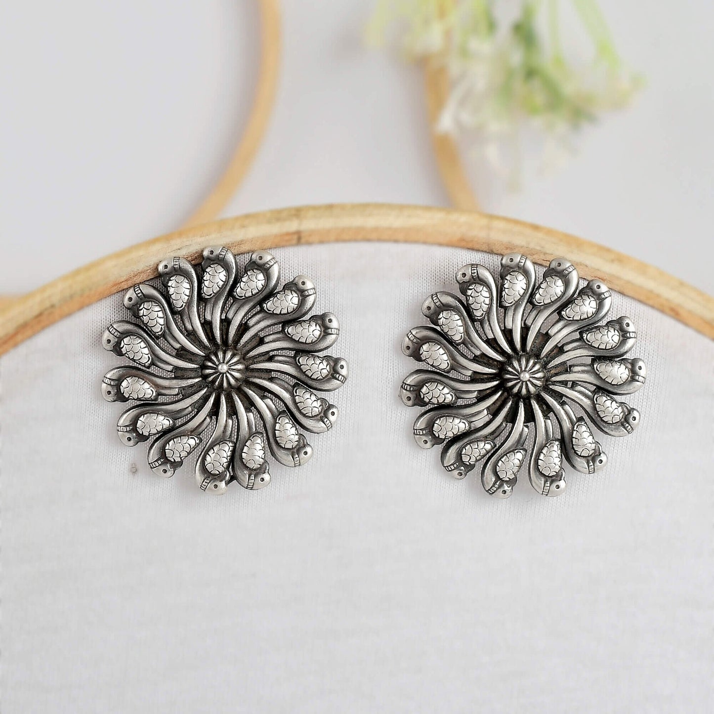 Tribal Earrings Silver Round Studs 2