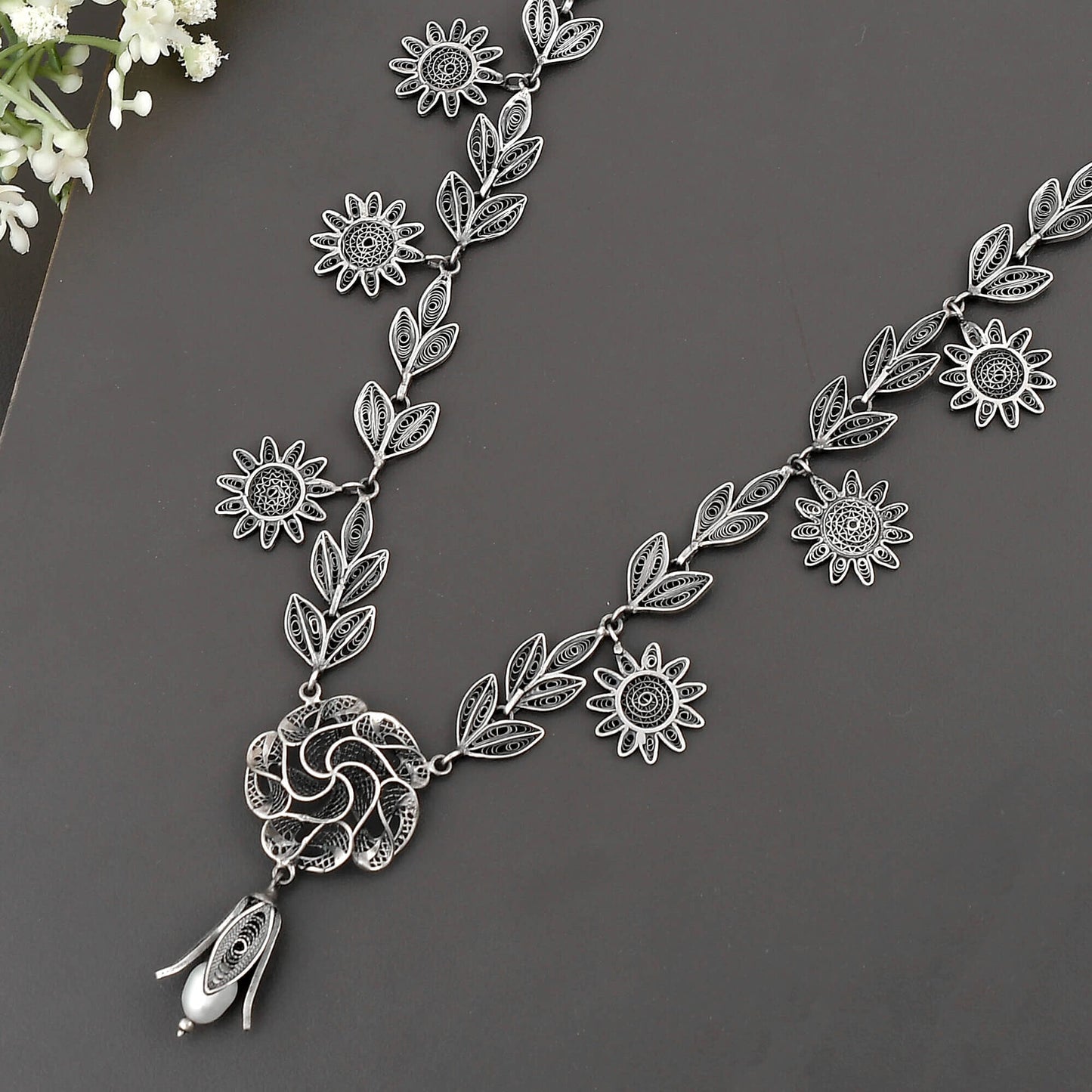 Tribal Necklace Flowery 925 Sterling Silver Sheel Necklace 2
