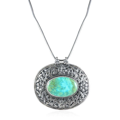 Tribal Necklace Turquoise Stone Pendant With 925 Silver Chain